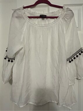 I.N. Studio White Peasant Blouse with Black Pom Pom Trim